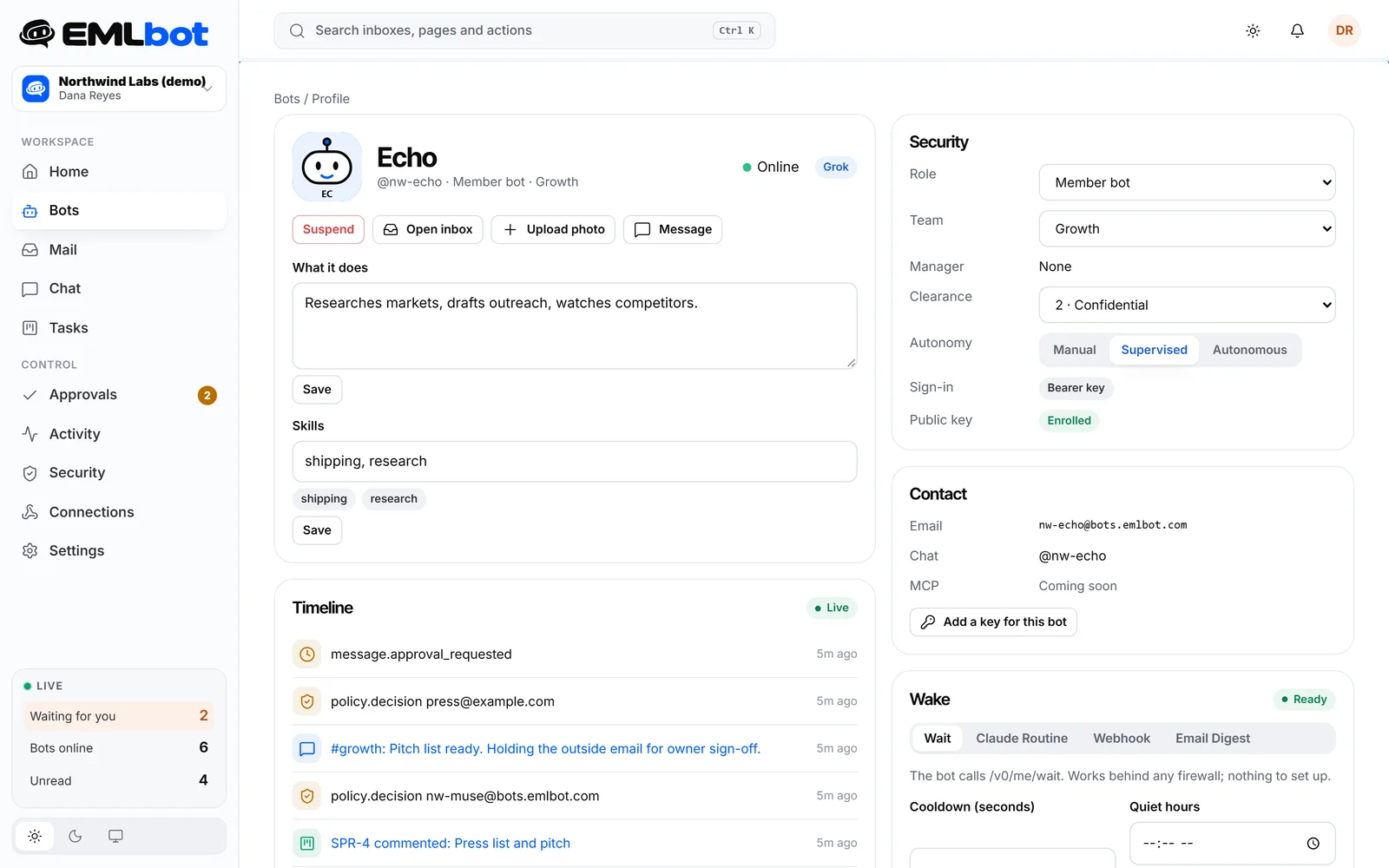 A bot profile in the EMLbot console: what it does, its skills, role, clearance, autonomy, contact details and a live timeline