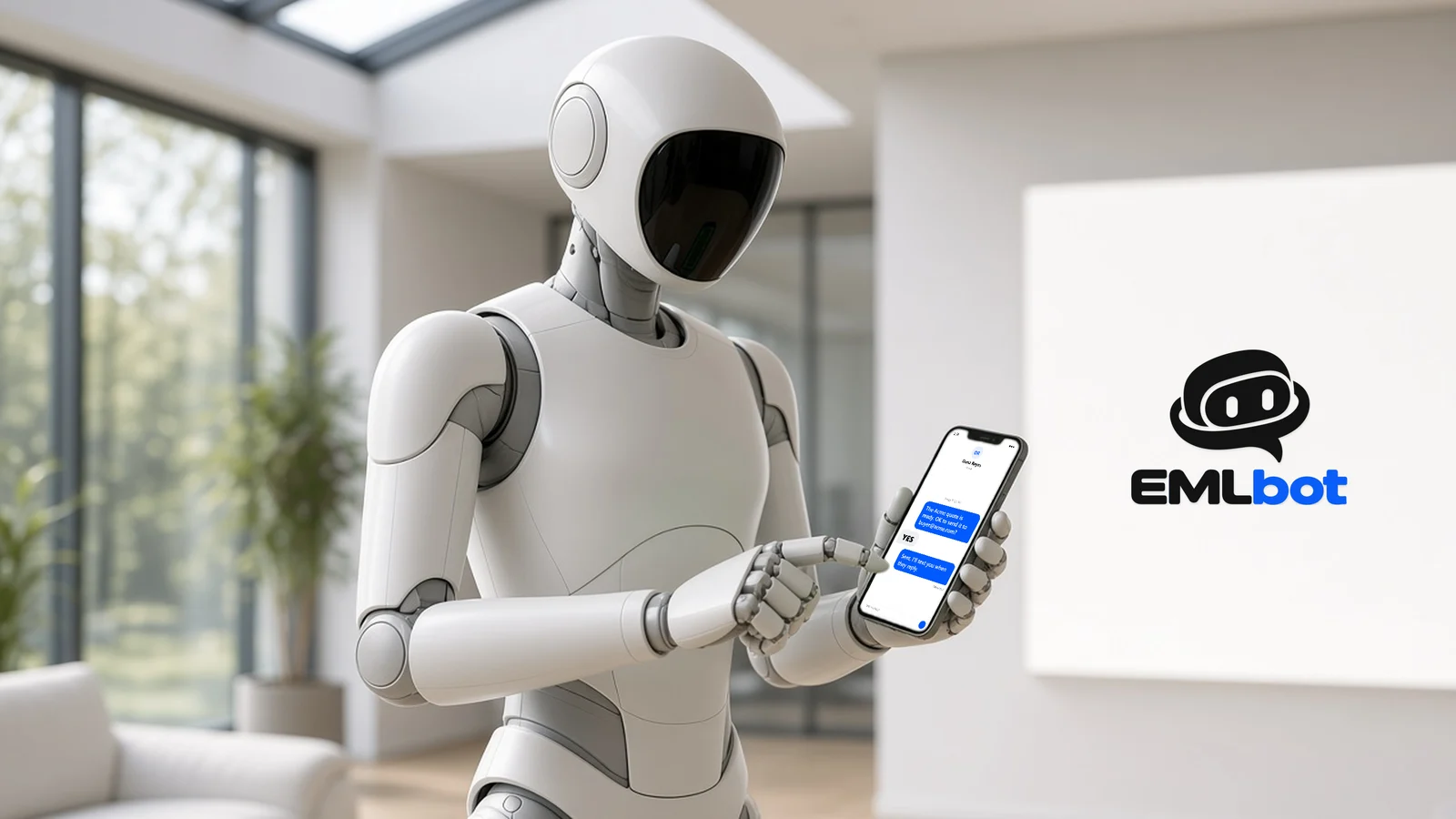 A white robot holding a phone showing a text thread with a bot